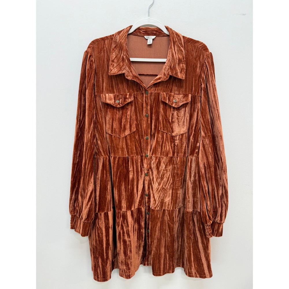 Cato Crushed Velvet Tiered Dress XL Rust Copper Long Sleeve Button Front Mini